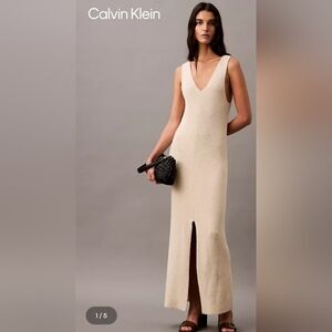 Calvin Klein Jeans Boucle Ribbed Sleeveless Midi Dress Medium in Summer Sand